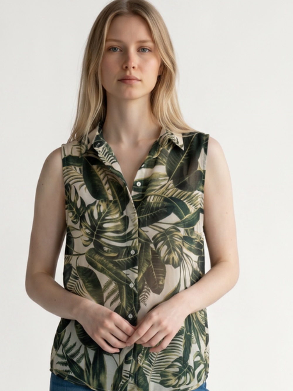 H&M Green & Cream Tropical Leaf Sleeveless Blouse
